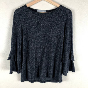 Coin 1804 Shirt Black White Space Dye Crew Ruffled Layered Sleeve Size Medium